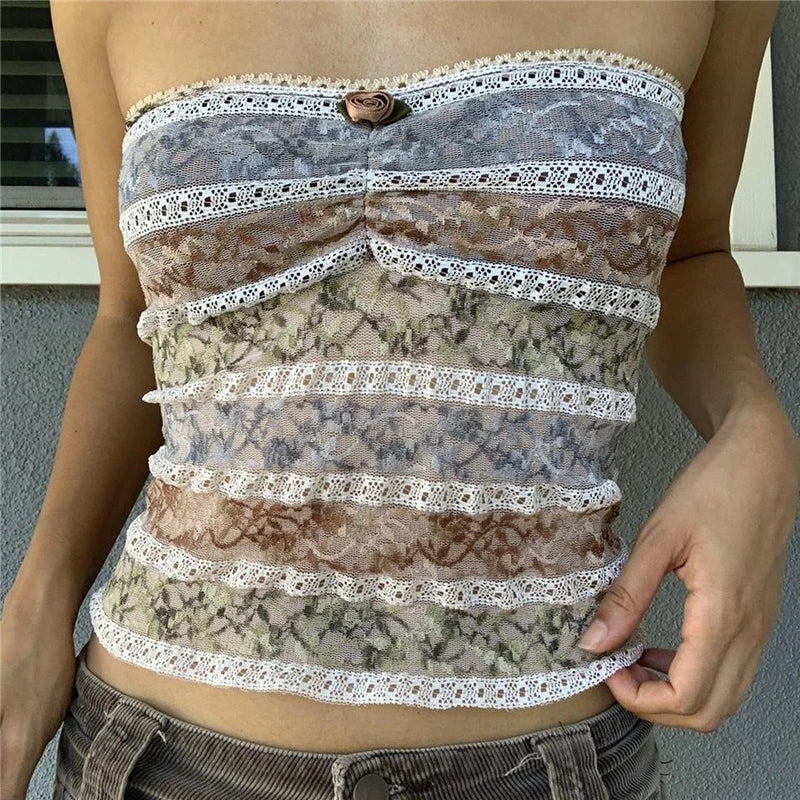 Xingqing y2k Off Shoulder Top Women Fairy Grunge Clothes Summer Sleeveless Lace Trim Patchwork Strapless Tshirt 2000s Streetwear