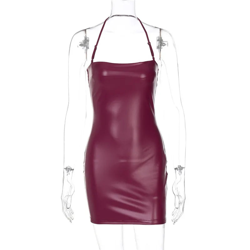 Shestyle Halter Sexy Mini Dress Women Sleeveless 2025 Spring Sheath Solid PU Leather Summer Outfits Hot Clubwear Spaghetti Strap