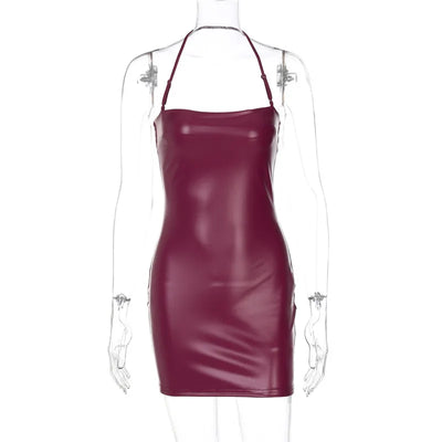 Shestyle Halter Sexy Mini Dress Women Sleeveless 2025 Spring Sheath Solid PU Leather Summer Outfits Hot Clubwear Spaghetti Strap