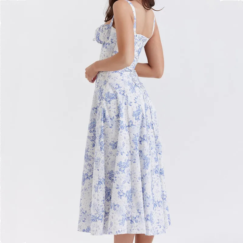 2023 Sexy Ruched Chest Blue White Flower Print Corset Style Sling Dress Cross Lacing up Bandage Back Hem Slit A-Lined Midi Robe