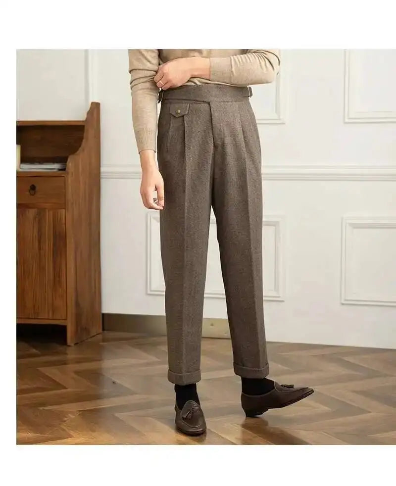 2023 Autumn Winter Men's Warm Retro Straight Trouser Male Casual British High Waist Pants Office-trousers Dress Pant Trousers
