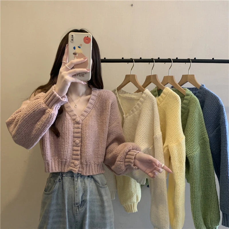 EVNISI Women Slim Sweater Cardigan V-Neck Button Up Casual Solid Knitting Sweater Coat Sweet For Women Cardigan Coat Autumn 2023