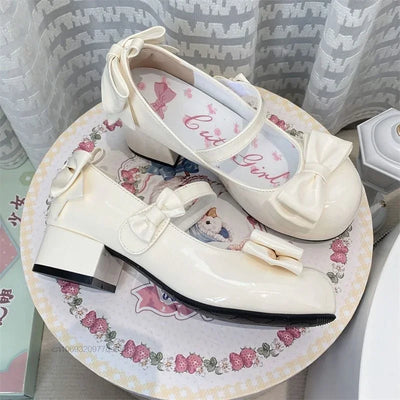 2024Lolita Style Cute Round Head  Jane Pumps With Bow Women's Sweet Party Dress Midi Heels Shoes Fashion PU Sandals