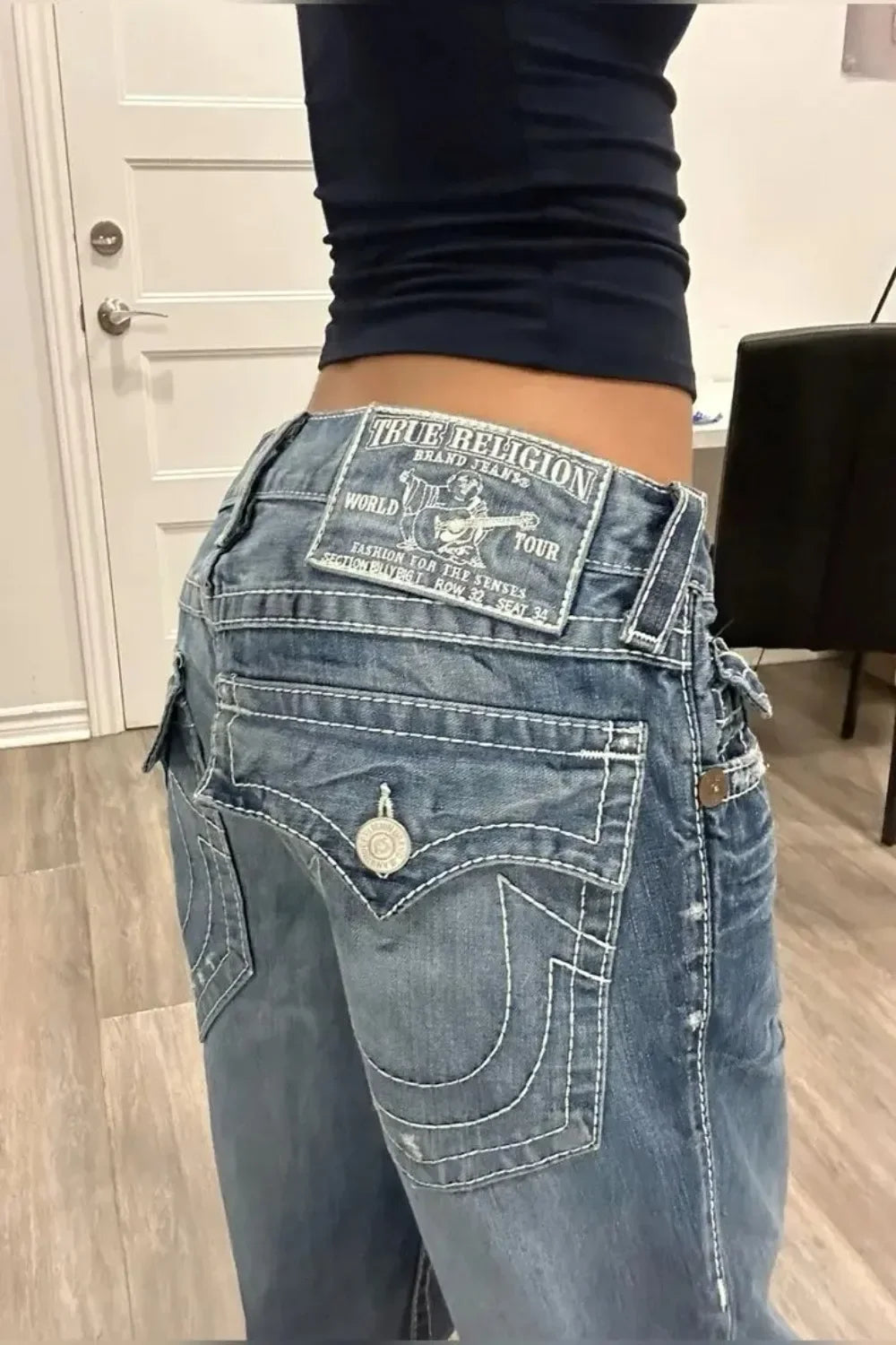 High Waisted Y2k Jeans Retro Blue Ripped Jeans for Women Line Sewn Gothic Punk Trumpet Jeans Casual Slim Streetwear Trousers