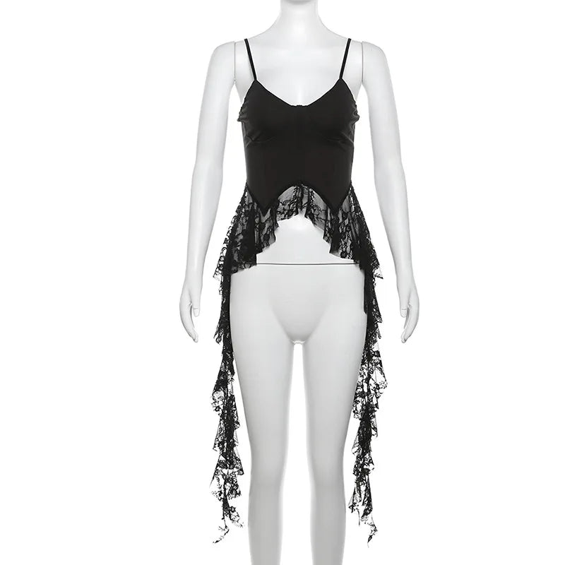 2025 Y2k Aesthetic Irregular Lace Ruffled Tank Top Women Sexy Skinny Design Corset Stretch Tube Streetwear Bandage Grunge Tanks