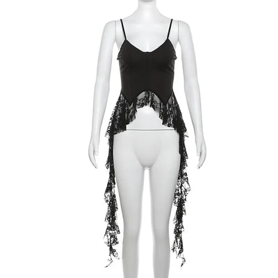 2025 Y2k Aesthetic Irregular Lace Ruffled Tank Top Women Sexy Skinny Design Corset Stretch Tube Streetwear Bandage Grunge Tanks