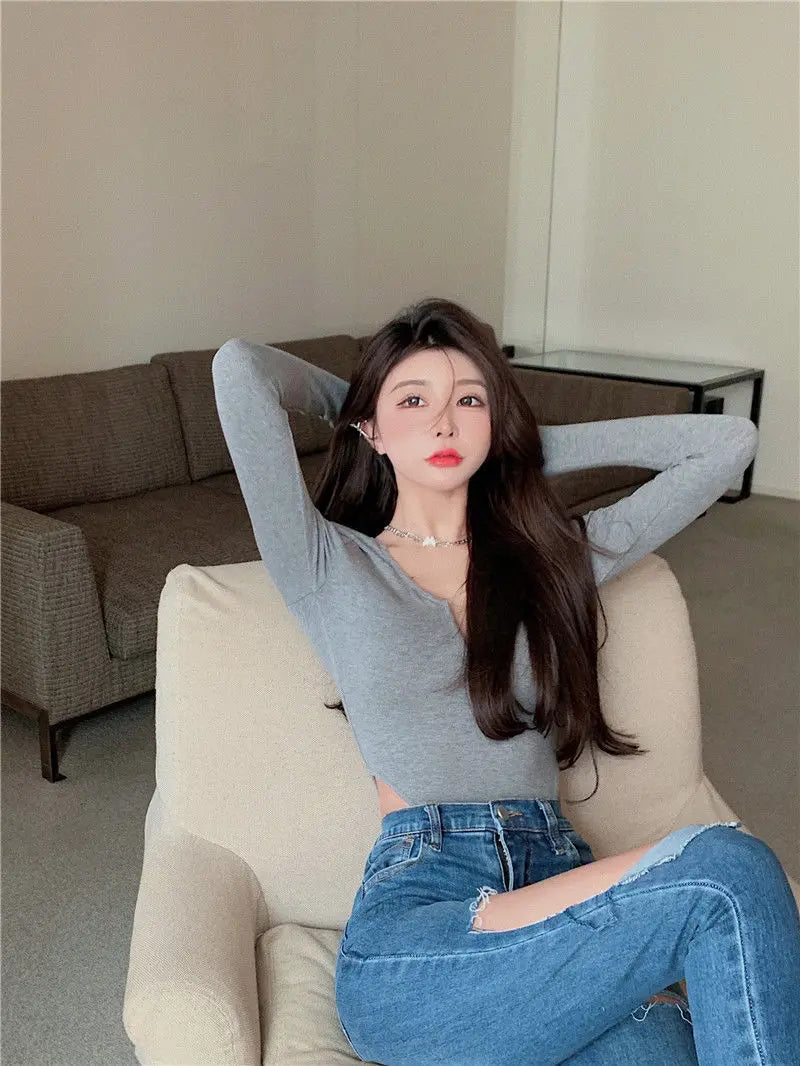 Women's Slim Bodysuit Sexy Solid Color Long Sleeve T-shirt Korean Skinny Top Club Party Festival Outfit Black Gothic One-pieces