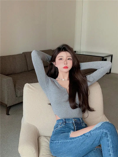 Women's Slim Bodysuit Sexy Solid Color Long Sleeve T-shirt Korean Skinny Top Club Party Festival Outfit Black Gothic One-pieces