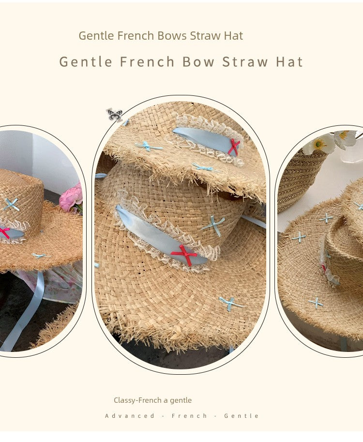 Straw Hat French Flat Top Female Summer Seaside Bows