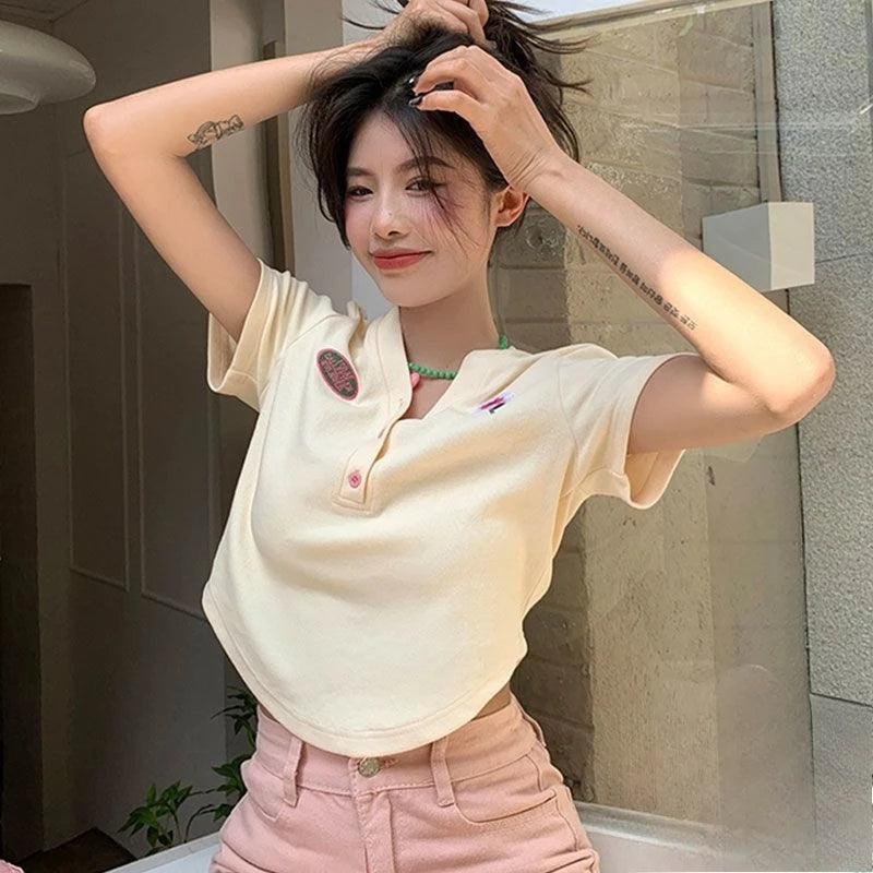 Women's Slim Short-sleeved T-shirt Sexy Pure Desire Wind Spice Girls V-neck Tops Cotton Summer Slim Chic Short Comfortable Top