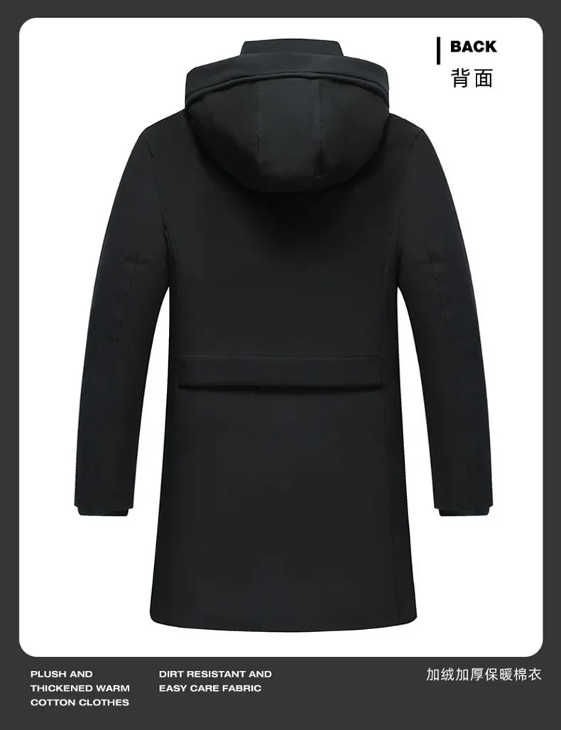 Fashion Men Long Parkas Coat Solid Slim Fit Warm Thicken Jacket Outwear Windproof Coat Hooded Cotton-padded Zipper Windbreaker