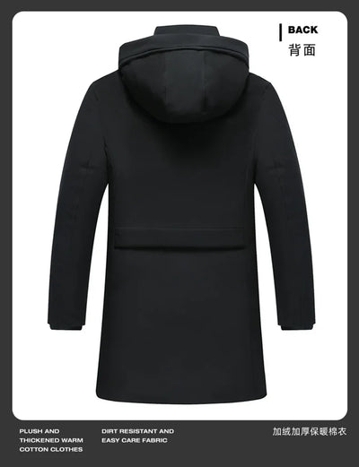 Fashion Men Long Parkas Coat Solid Slim Fit Warm Thicken Jacket Outwear Windproof Coat Hooded Cotton-padded Zipper Windbreaker