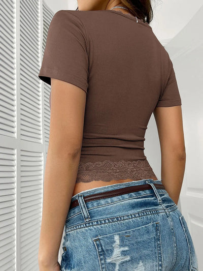 2025 Women T-Shirt Tops Spring Summer Tops Women's Y2K Sexy Solid Color U-Neck Lace Splicing Short Sleeve T-Shirt Street Wear