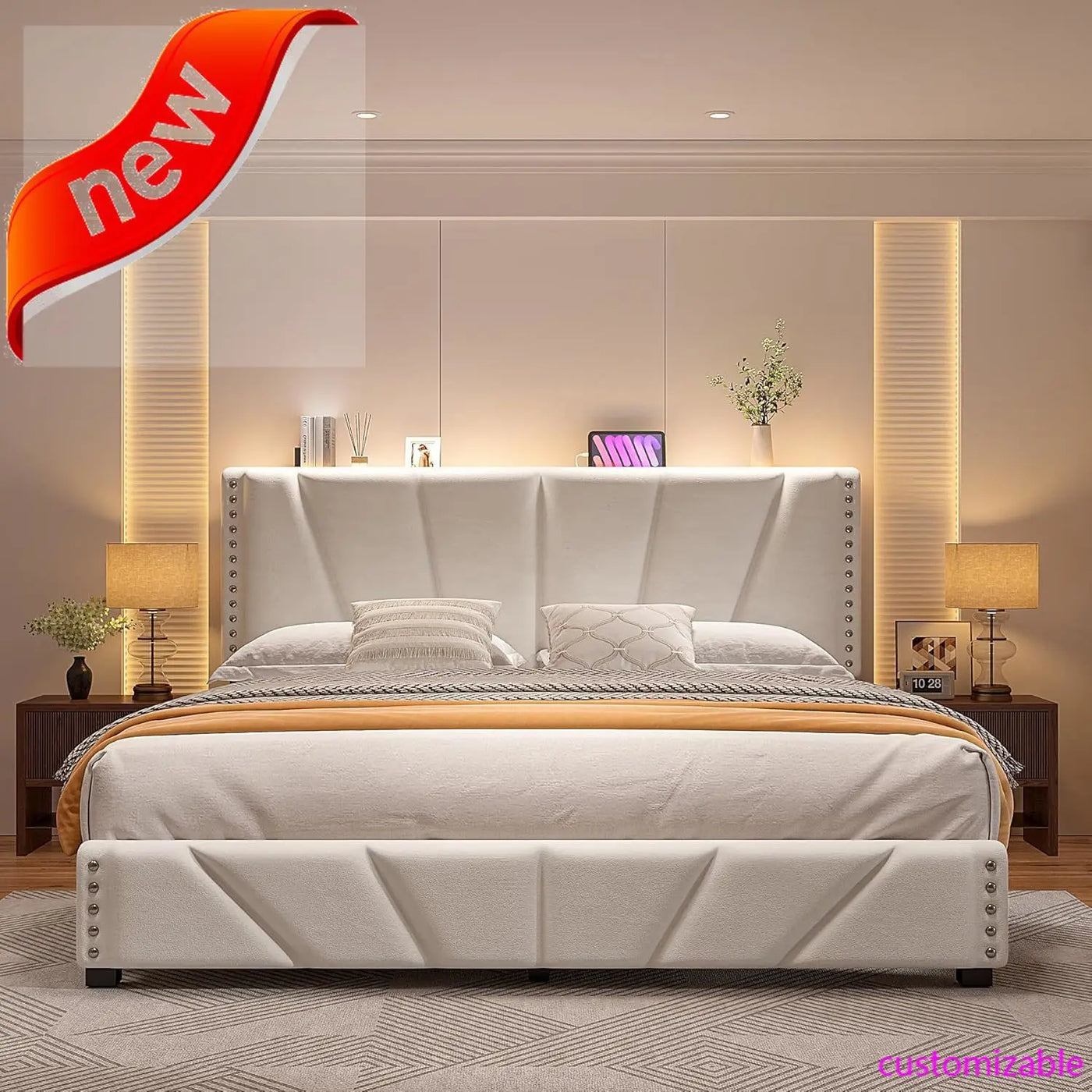 Velvet Headboard and LED Lights， Storage Headboard Platform Bed with Charging Station，King Size Bed Frame