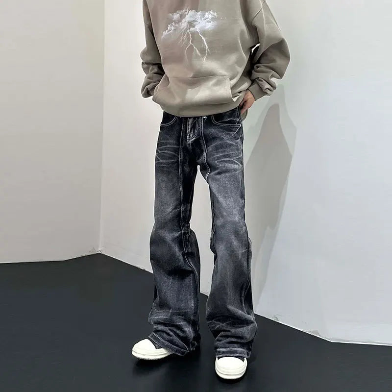 Men Flare Pants Denim Pant Floor Length Jeans Casual Regular Pockets Button Zipper High Waist Autumn Splice Straight Trousers
