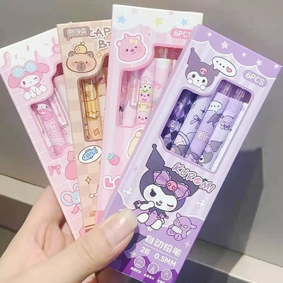 6Pcs/Set Cute Mechanical Pencils 0.5mm 2B Capybara Cartoon Auto Pencil with Eraser for Kids Students School Writing Supplies
