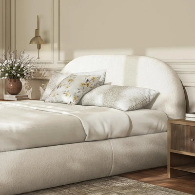Grounded Bed Frame - Chenille White Bed Frames with Arch-Shaped Headboard and Wooden Slat Support, Upholstered Platform Bed
