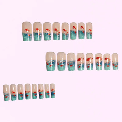 24pcs Square Stick-on Nails Set Goldfish Nail Tips Cheap Nail Seal Summer Beautiful false Nails Wholesale Holiday Press on Nails