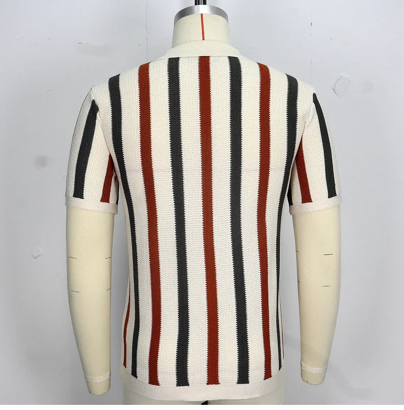 Men's Sexy See-through Knit Shirt Breathable Hollow Striped Shirt Summer New Men's Thin Coat Men's Clothing Hawaiian Shirt Tops