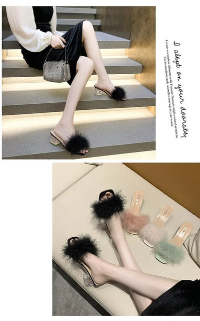 Mules Sandal Women Summer Outdoor Fashion Slippers Square Toe High Heels Office Ladies Feather Slides Chic Classics Furry Shoes