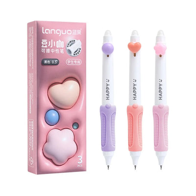 3pcs Happy Beans Gel Pens Set Ergonomical Triangle Grip Erasable Black Color Ink 0.5mm Ballpoint for Writing School A7682