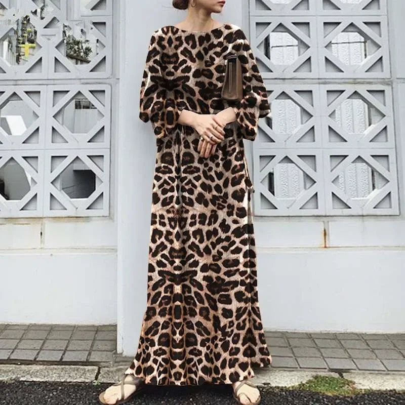 2025 Fashion Leopard Printing Maxi Dress Women's Spring Sundress Elegant Casual Long Sleeve Vintage Long Dresses Vestidos Female