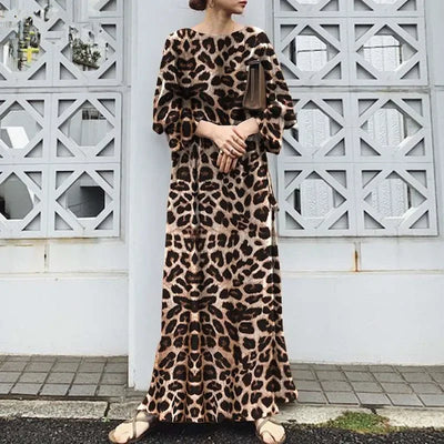 2025 Fashion Leopard Printing Maxi Dress Women's Spring Sundress Elegant Casual Long Sleeve Vintage Long Dresses Vestidos Female