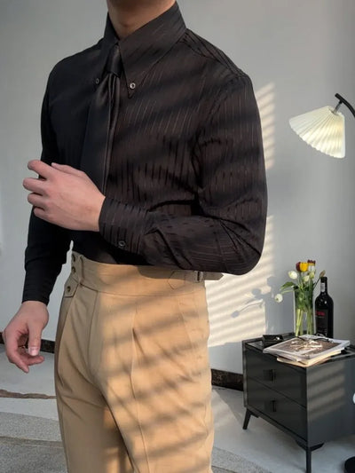 New Daily Business Leisure Mens Stripe Shirt Vintage Single Breasted Slim Fit Office Man Slim Fit Shirts Turn-Down Collar Tops