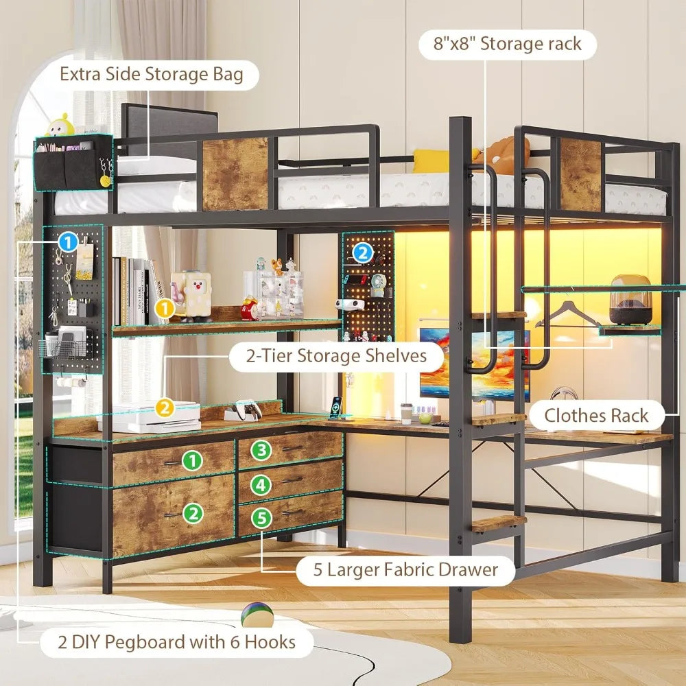 Loft Bed with L-Shaped Desk Full Size,Full Size Bed Frame with 5 Storage Drawers, Bunk Bed with Desk,1 Bedside Organizer
