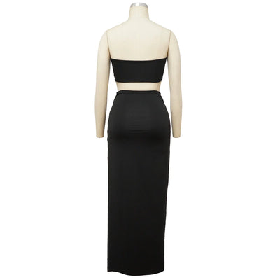 Women Two Piece Set Solid Color Breast Wrap Top and Irregular Slit Long Skirt Suit Lady Streetwear Mini Skirt Club Party Outfits