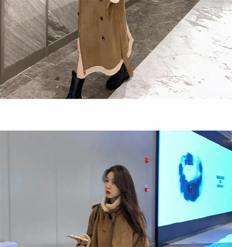 2024 Autumn Winter New Medium Long Double-breasted Lambswool Suede Woolen Coat Women Add Velvet Padded Warm Fur One Woolen Coats
