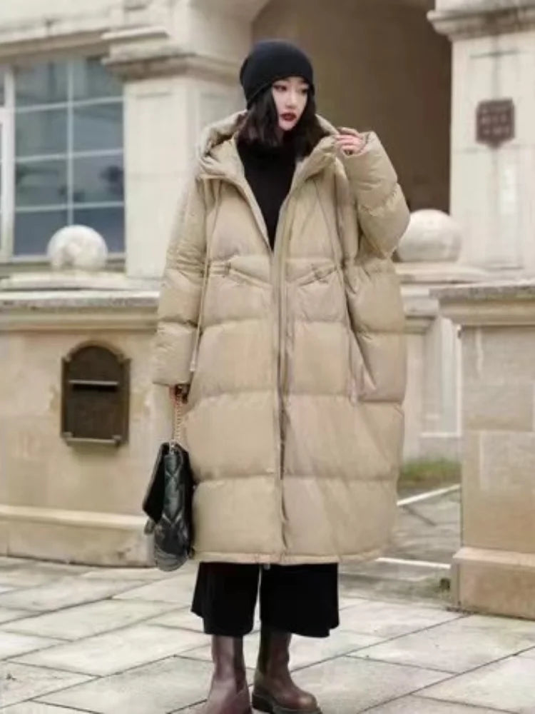 Winter Hooded Drawstring Loose Puffer Jacket Women Solid Oversize Casual Silhouette Long White Duck Down Warm Coat 2024 New Coat