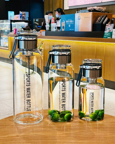 Sports Glass Water Bottle 2L Capacity Free Cup Cover (with Shoulder Strap)  Portable Leak-proof Drinking Stainless Steel Lid
