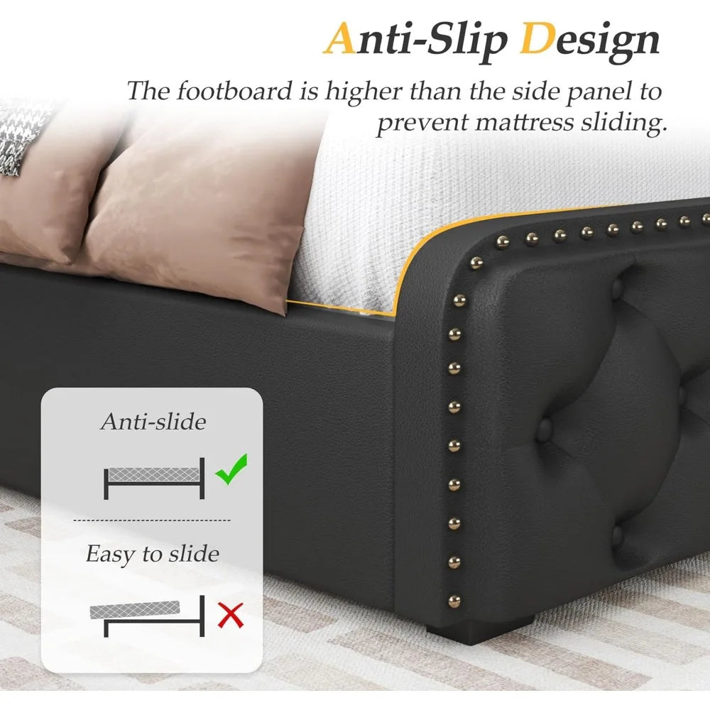 Lifezone Queen Bed Frame with Headboard Faux Leather Upholstered Metal Queen Bed Frame with 4 Storage Drawers, Adjustable Headbo