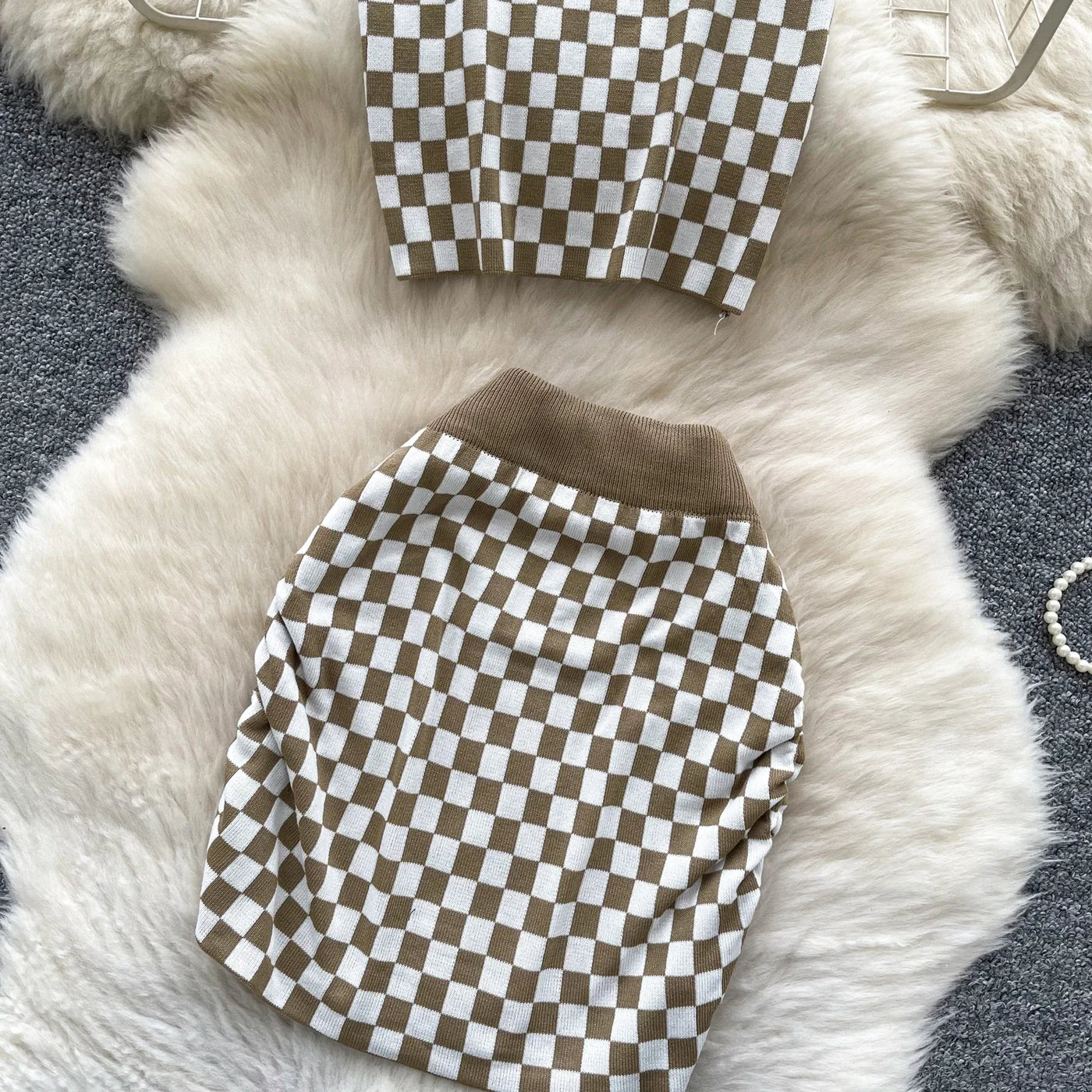 2025 New Vacation Style Plaid Suits Women Strapless Hotsweet Mini Tops+High Waist Bodycon Skirt Fashion Casual Knitted Sets