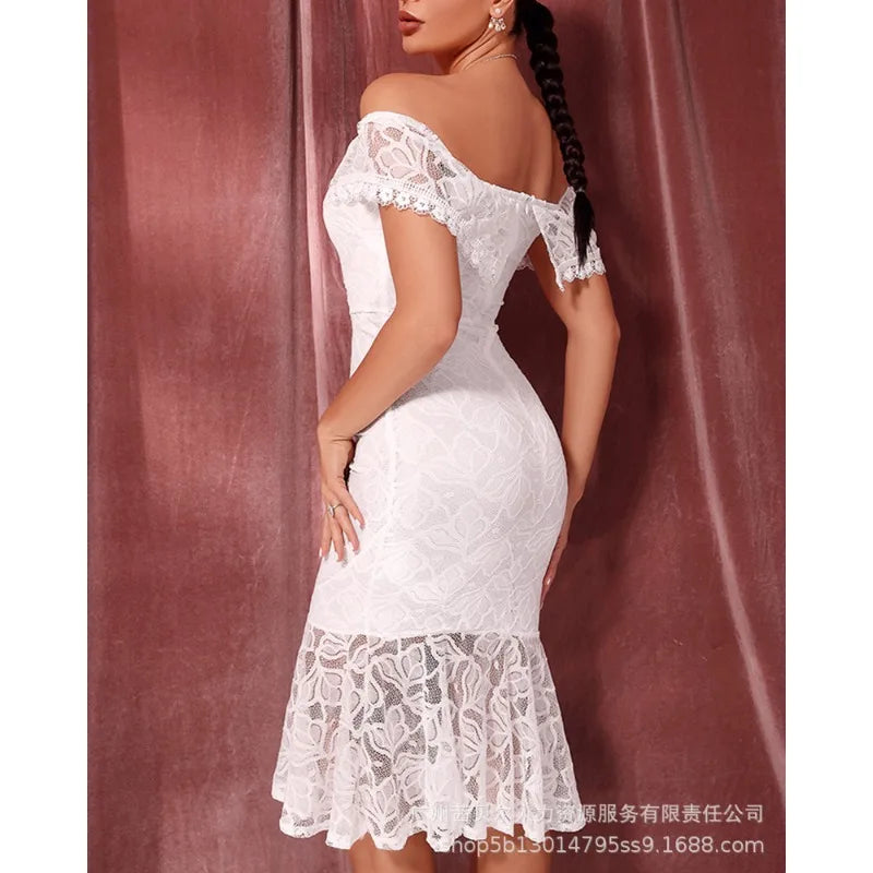 Trend White Lace Off-Shoulder Dress Women Sexy High Waist Bodycon Dresses Slash Collar Strapless Solid Color Sheath Midi Dress