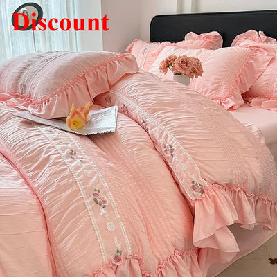 2025 Korean Princess Style Lace Ruffles Wedding Bedding Set Washed Cotton Soft Duvet Cover Set Bed Sheet Pillowcase 3/4Pcs