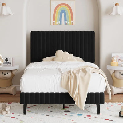 Twin Bed Frame, Velvet Upholstered Platform Bed with Vertical Channel Tufted Headboard and Footboard, No Box Spring Required