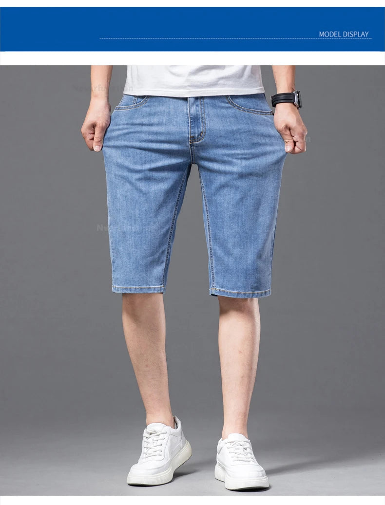 Fashion Men's Straight Denim Shorts Summer Thin Elastic Casual Bermuda Jeans Breathable Fabric Male Clothes Boardshorts