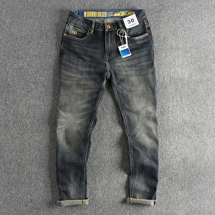 Vintage wash blue to do old simple embroidered jeans men fit small straight leg American trend personality youth pants