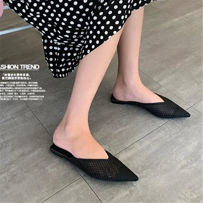 Women's Pointed Toe Slippers 2024 Summer Designer Mesh Beach Flat Shoes Slides Outside Mules Gladiator Sandals Zapatos De Mujer