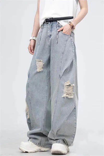 American Retro Washing Scimitar Jeans Men's High Street Vibe Ripped Design Wide-leg Trousers Handsome Casual Pants Jeans for Man