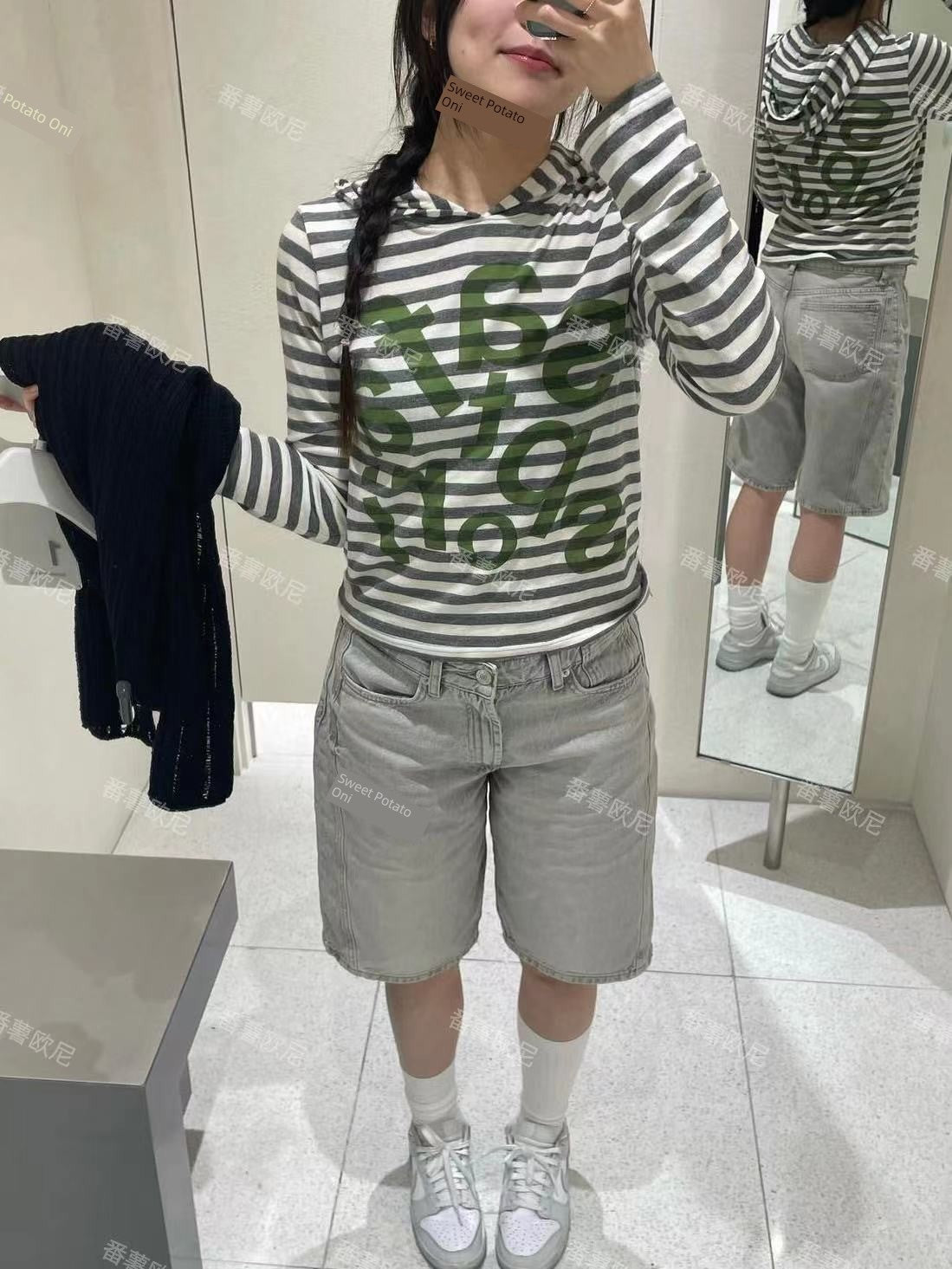 Sweet Potato Oni Homemade 2024 Spring Niche Style Safari Stripes Hooded Letter-Print Y2g Loose Long Sleeves