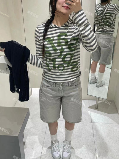 Sweet Potato Oni Homemade 2024 Spring Niche Style Safari Stripes Hooded Letter-Print Y2g Loose Long Sleeves