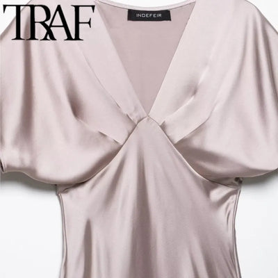 TRAF 2025 Woman Fashion Silk Texture Midi Dress Casual Slim Short Sleeve V Neck Midi Long Dresses Vestidos Mujer