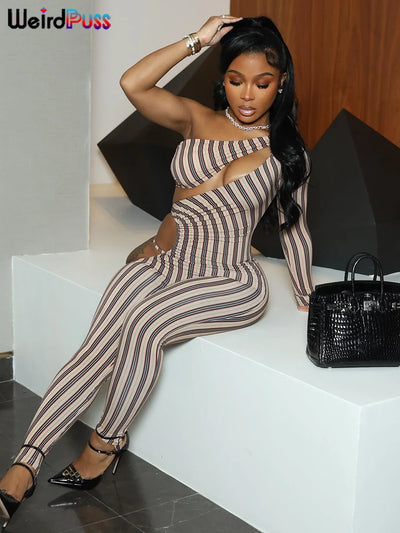 Weird Puss Sexy Hollow Jumpsuit Women Ruched Irregular Hipster Club Stripe Print Full Sleeve Midnight Activity Workout Overalls