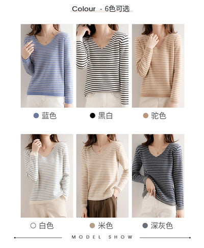 New Striped V-neck Sweater Women's All-Match Loose Sweater Fall Winter Fashion Bottoming Shirt Inner Wear Blouse
