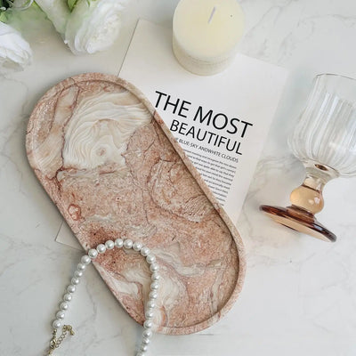 Luxury Green Marble Oval Tray: Bathroom Organizer & Fruit Serving Platter, Waterproof Stone Decor for Hotel Spa Home Kitchen