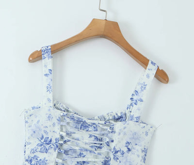 2023 Sexy Ruched Chest Blue White Flower Print Corset Style Sling Dress Cross Lacing up Bandage Back Hem Slit A-Lined Midi Robe