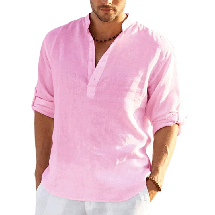 Men Cotton Linen T-shirts Summer V Collarless Long Sleeve Solid Sand Beachwear Office Man Tee Shirt Tops BSDFS-ZT167